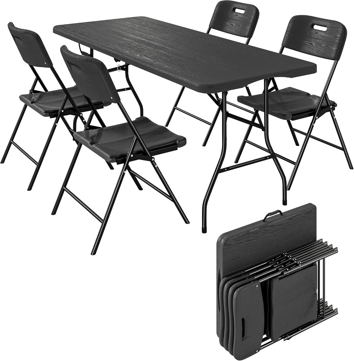 Set birreria pieghevole con tavolo e quattro sedie in HDPE e metallo con maniglia trasporto nero
