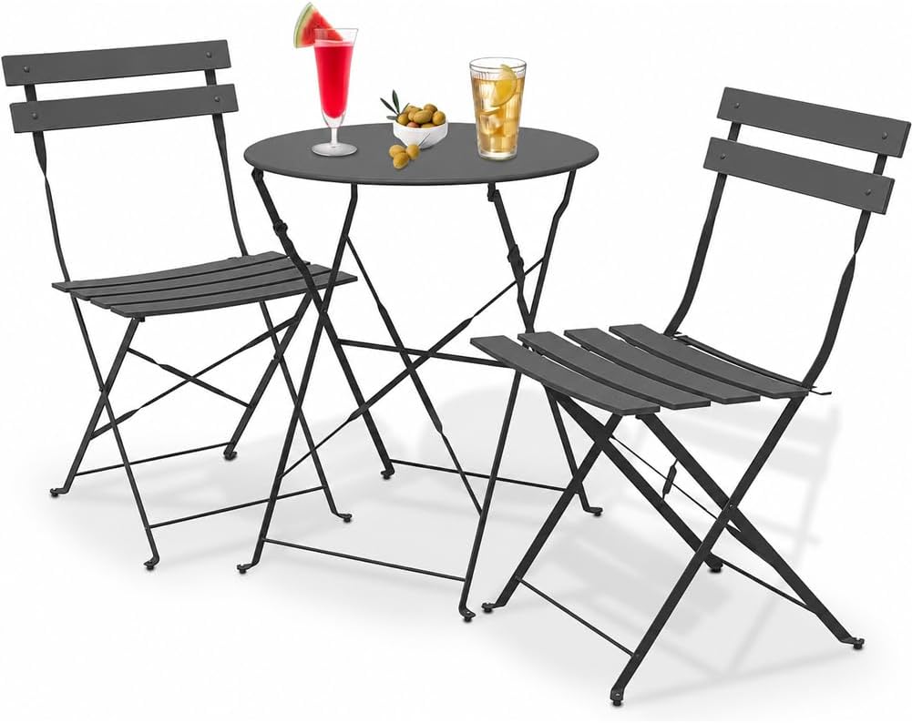 Set bistrot pieghevole da giardino con tavolo e due sedie in acciaio antracite per spazi esterni