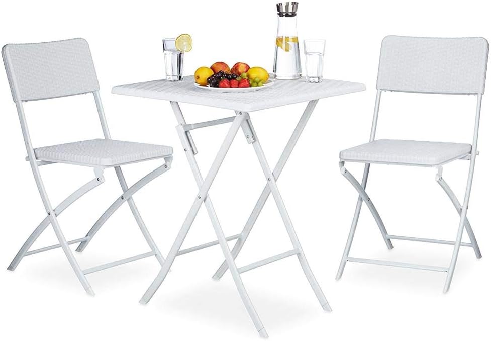 Set tavolo pieghevole 62 x 62 cm con due sedie in polyrattan e struttura in acciaio bianco