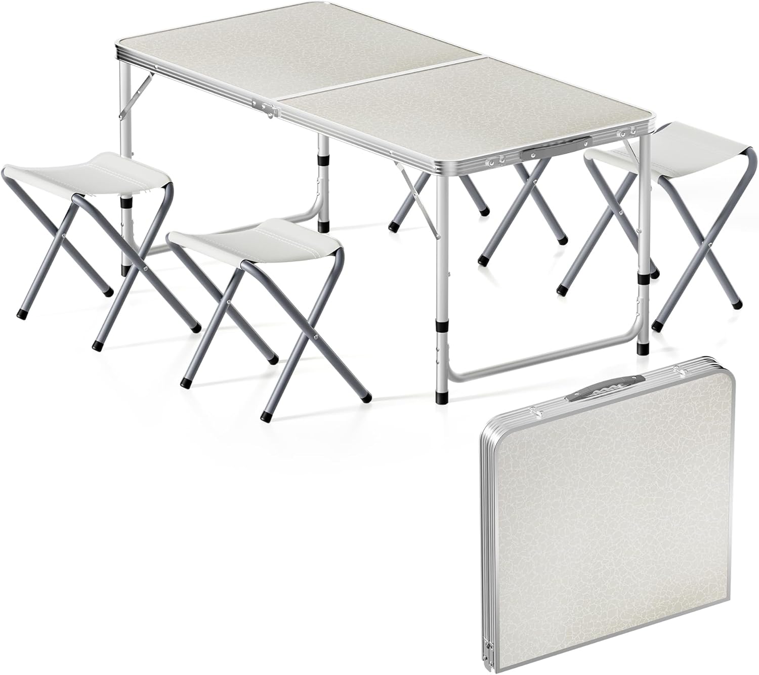 Set da campeggio completo con tavolo pieghevole regolabile e quattro sedie richiudibili da esterno