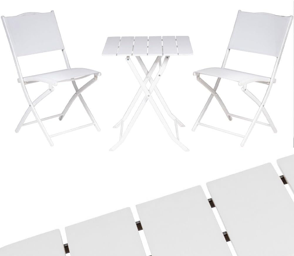 Set Tavolo Pieghevole con 2 Sedie in Textilene e Struttura in Acciaio Effetto Legno Bianco