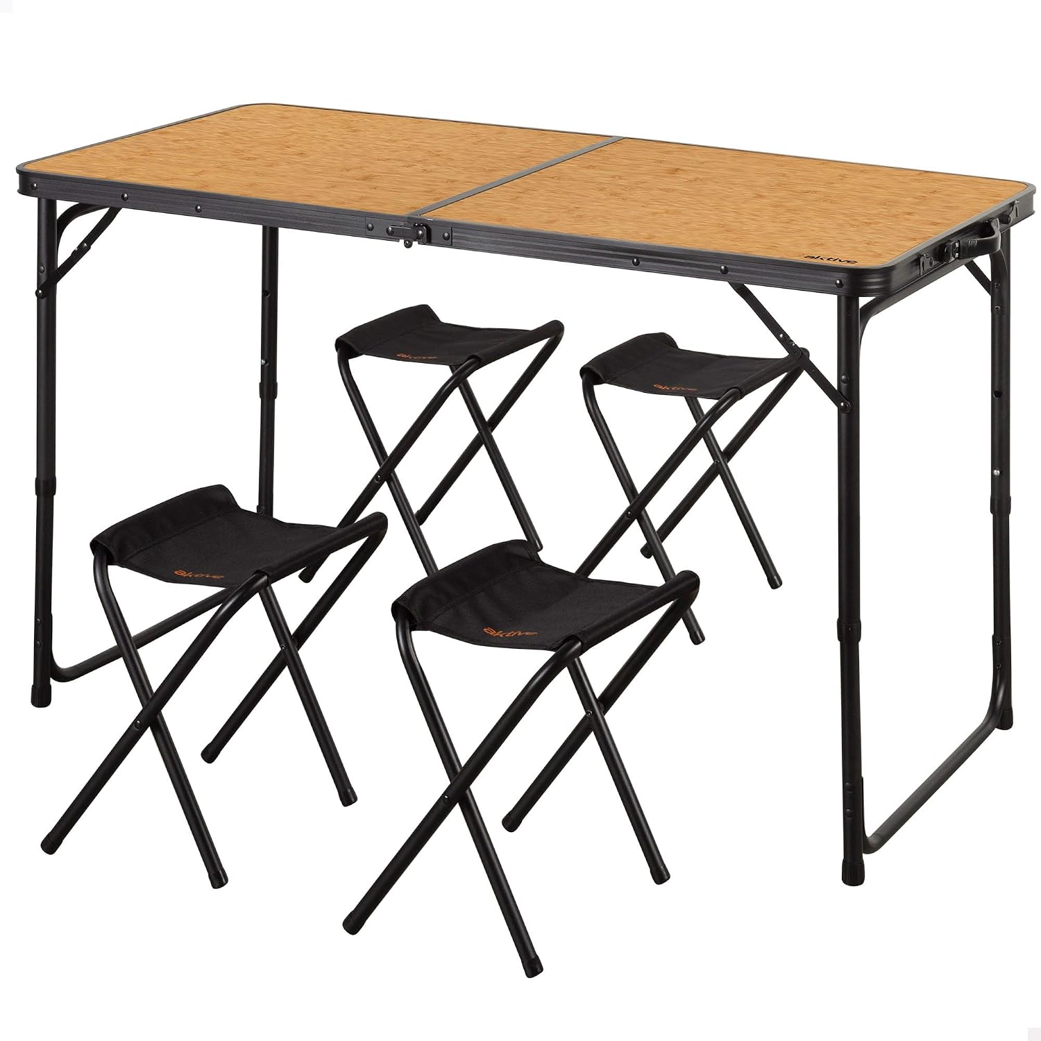 Tavolo portatile in alluminio con quattro sgabelli in acciaio altezza regolabile 60 70 cm piano effetto bambu