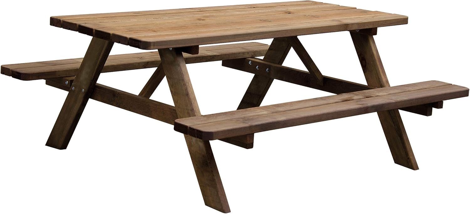Tavolo picnic da giardino in legno massiccio con due panche integrate e bordi arrotondati 177 x 72 x 157 cm