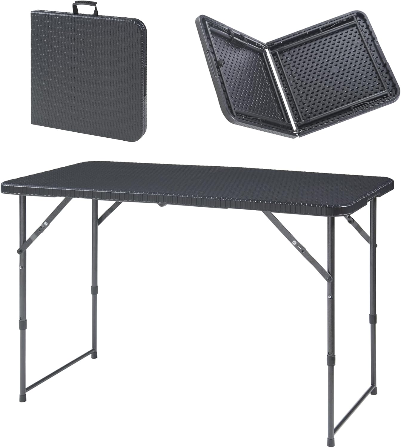 Tavolo Pieghevole da Picnic con Piano Regolabile in Altezza 120x60 cm Effetto Rattan Nero