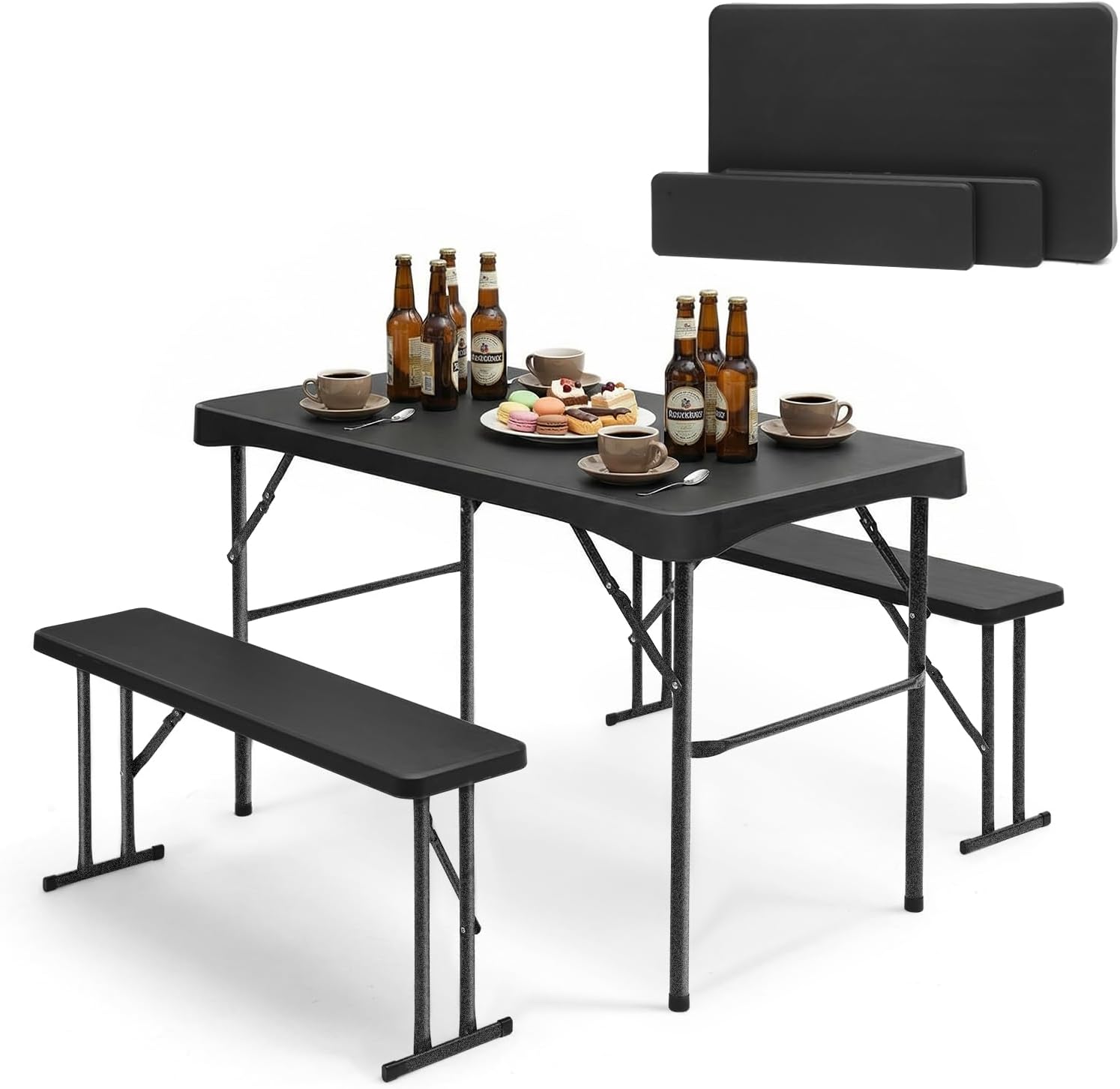 Set tavolo pieghevole in plastica con due panche per quattro persone 113 x 61 cm colore nero