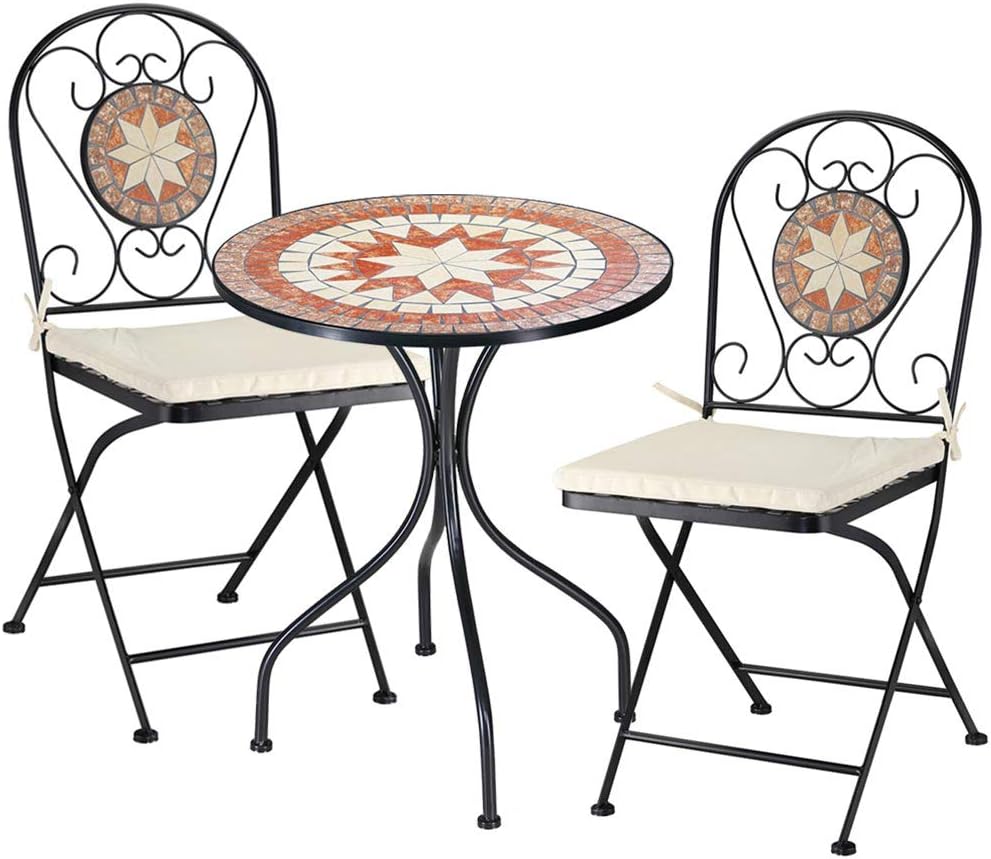Set da giardino con tavolo pieghevole 60 x 70 cm e due sedie con decorazione mosaico nero