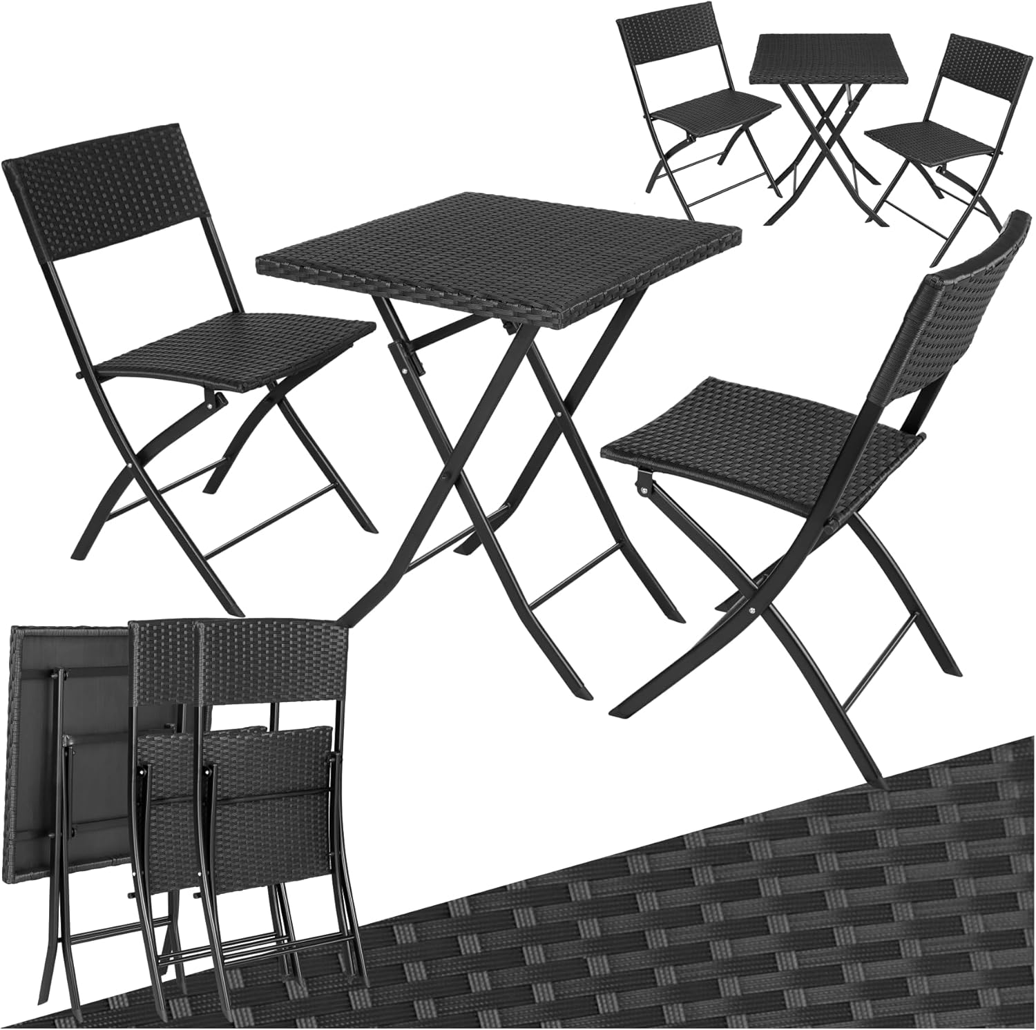Set da giardino in rattan pieghevole con tavolo e due sedie resistenti ai raggi UV colore nero